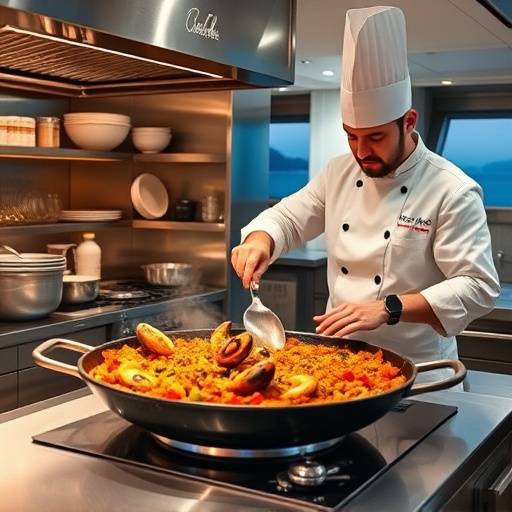 Chef preparando una paella de mariscos fresca en la cocina de un yate.