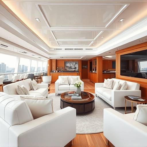 Detalle del interior de un yate de lujo, mostrando una sala de estar elegantemente decorada con muebles blancos y detalles en madera.