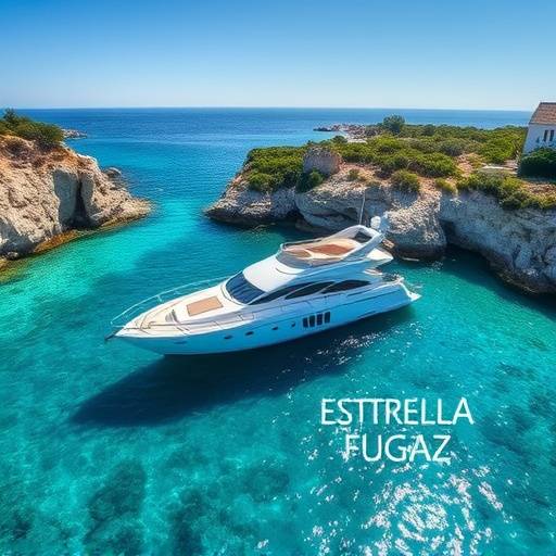 El yate a motor 'Estrella Fugaz' anclado en una cala de Ibiza con aguas turquesas