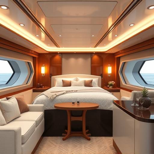 Interior lujoso de un camarote en el yate 'La Perla Blanca', mostrando detalles de dise&ntilde;o y confort.