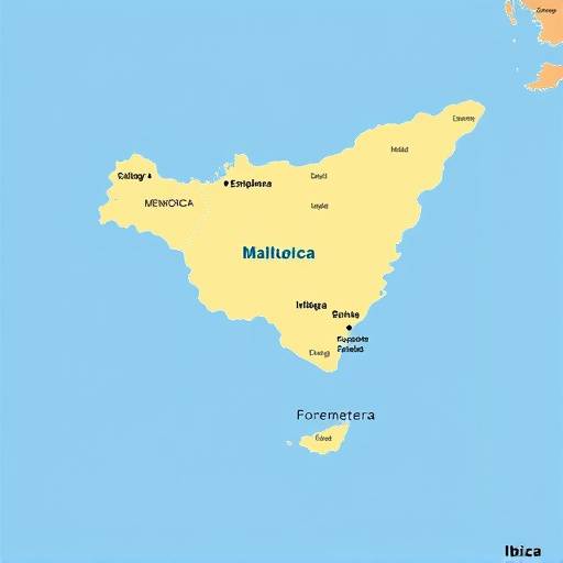 Mapa de las Islas Baleares mostrando Mallorca, Menorca, Ibiza y Formentera.