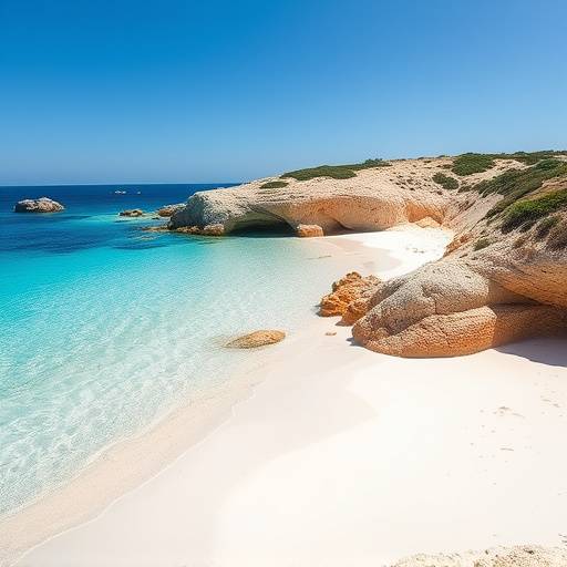 Paisaje de una playa virgen en Menorca con arena blanca y aguas transparentes.