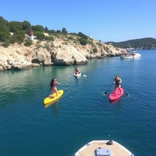 Personas practicando paddle surf en una cala tranquila de Menorca durante un viaje en yate