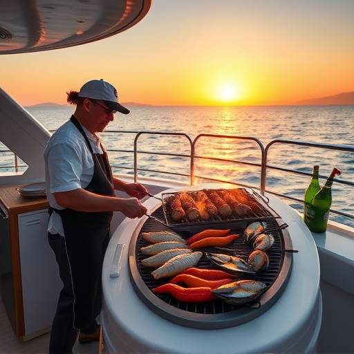 Un chef preparando una barbacoa de mariscos frescos en la cubierta de un yate al atardecer