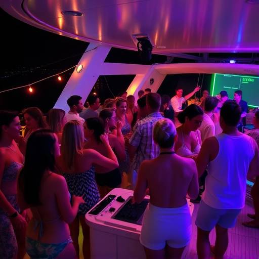 Un grupo de personas bailando en una fiesta privada a bordo de un yate con un DJ tocando m&uuml;sica