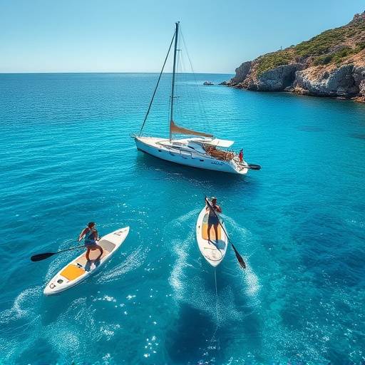 Un grupo de personas disfrutando de deportes acu&aacute;ticos, como paddle surf y snorkel, cerca de un yate en la Costa Brava.