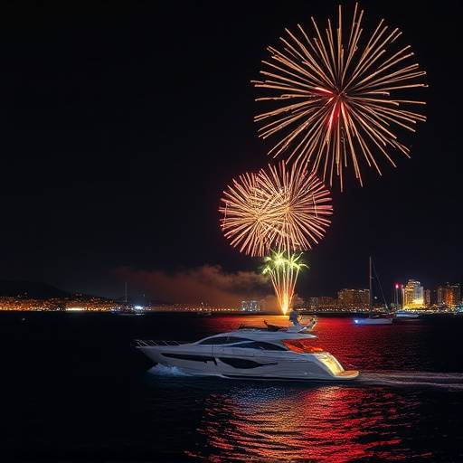 Vista de fuegos artificiales sobre la bah&iacute;a de Palma de Mallorca durante un evento exclusivo a bordo de un yate