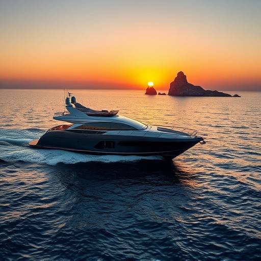 Yate de lujo navegando al atardecer frente a la costa de Ibiza con la isla de Es Vedr&agrave; al fondo.