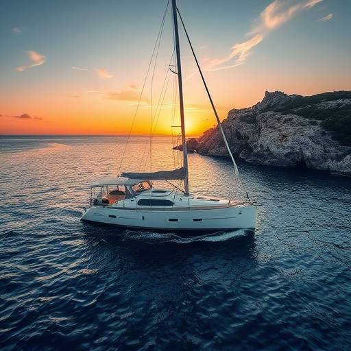 Yate navegando cerca de la costa rocosa de Mallorca al atardecer